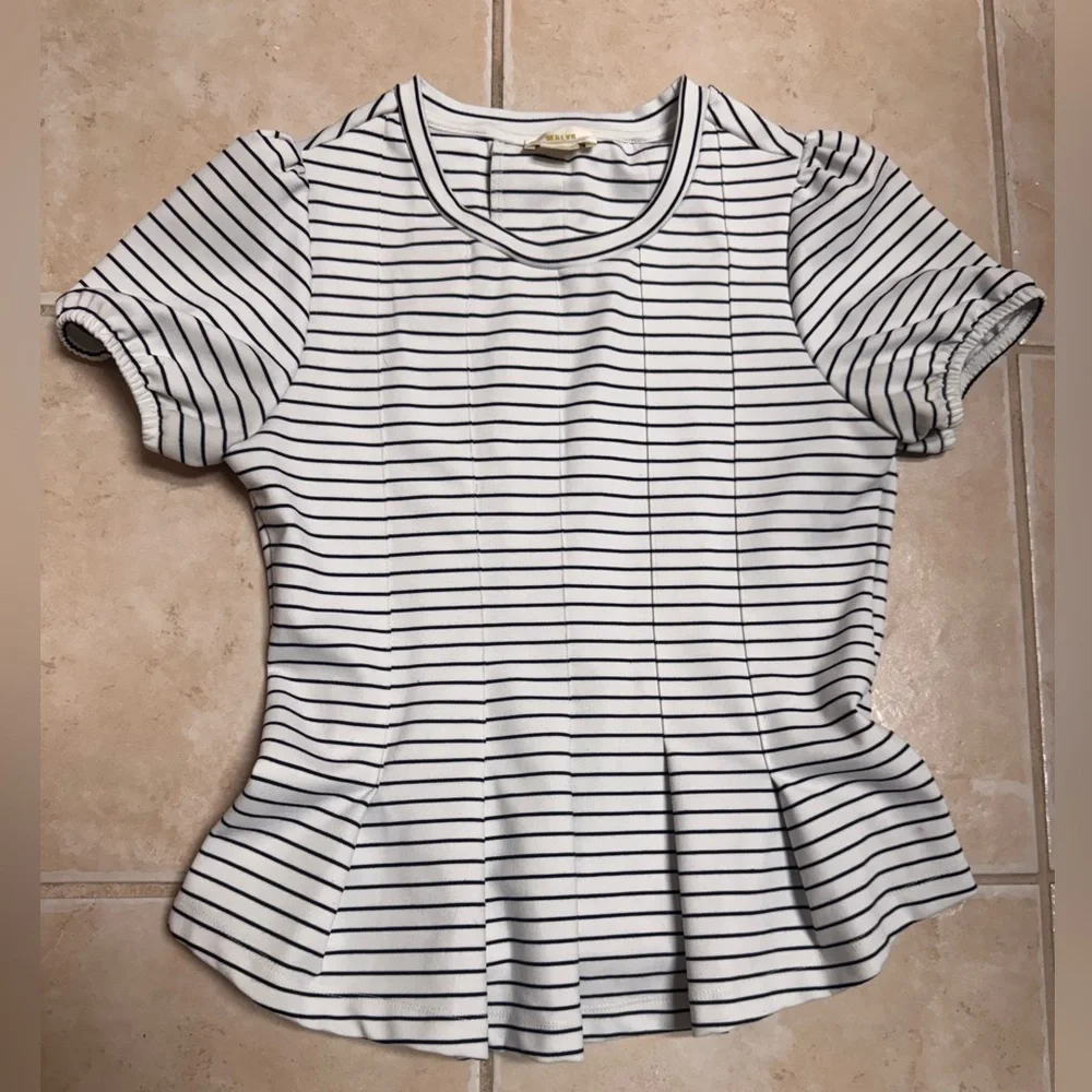 Maeve by Anthropologie Corset Peplum Puff Sleeves Striped Top